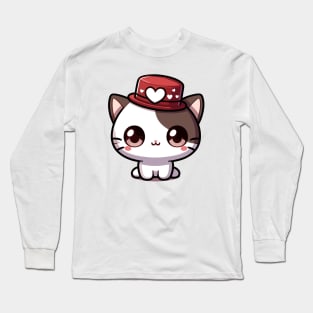 Charming Kawaii Valentine's Cat with Heart Top Hat Long Sleeve T-Shirt